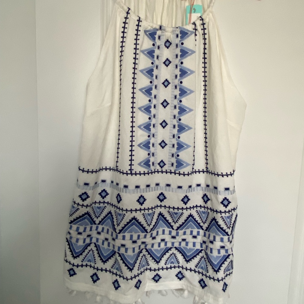 Skies are Blue- White and Blue Embroidered Tank